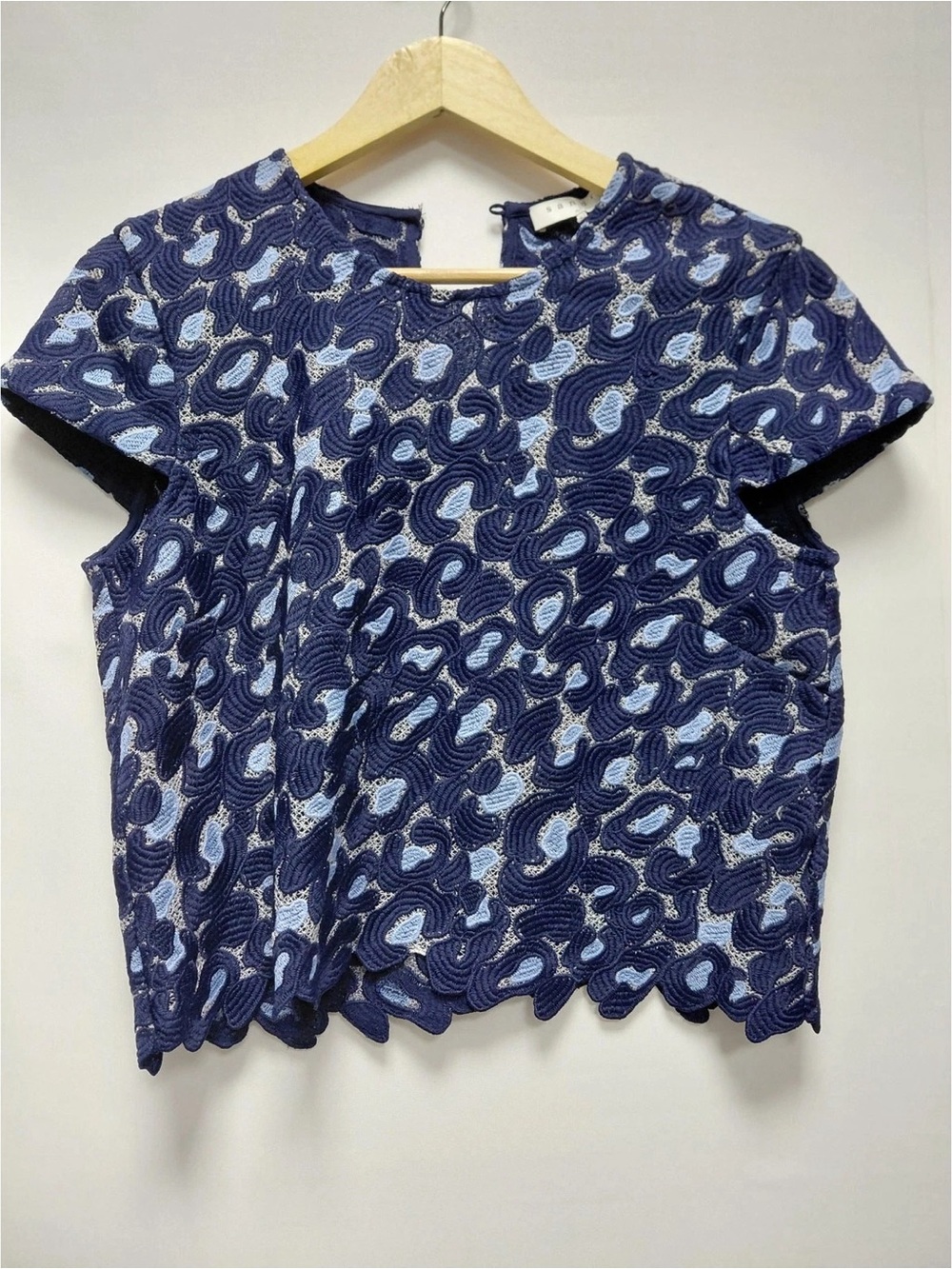 Sandro Paris Navy Blue Textured Lace Short-Sleeve Blouse